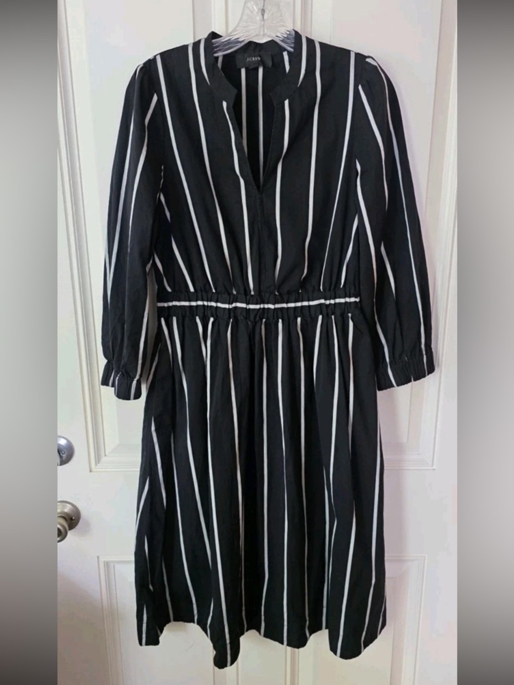 J. Crew Black Dress with White Vertical Stripes, Long Sleeve Midi
